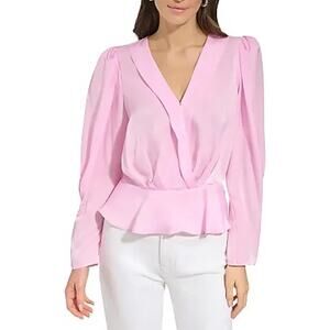 DKNY Pink Satin Surplice V-Neck Long Puff Sleeve Peplum Blouse Large NWT